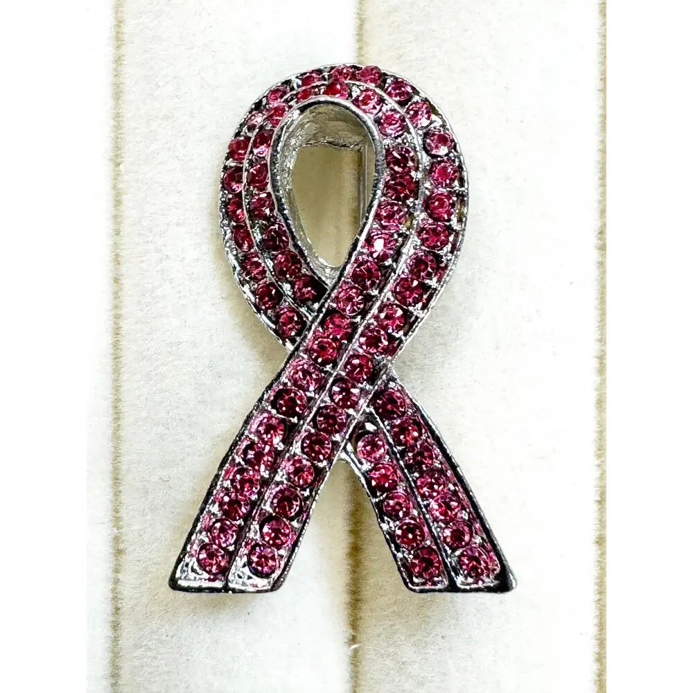 Pink Rhinestone Breast Cancer Awareness Ribbon Brooch Pin Silver 1.25